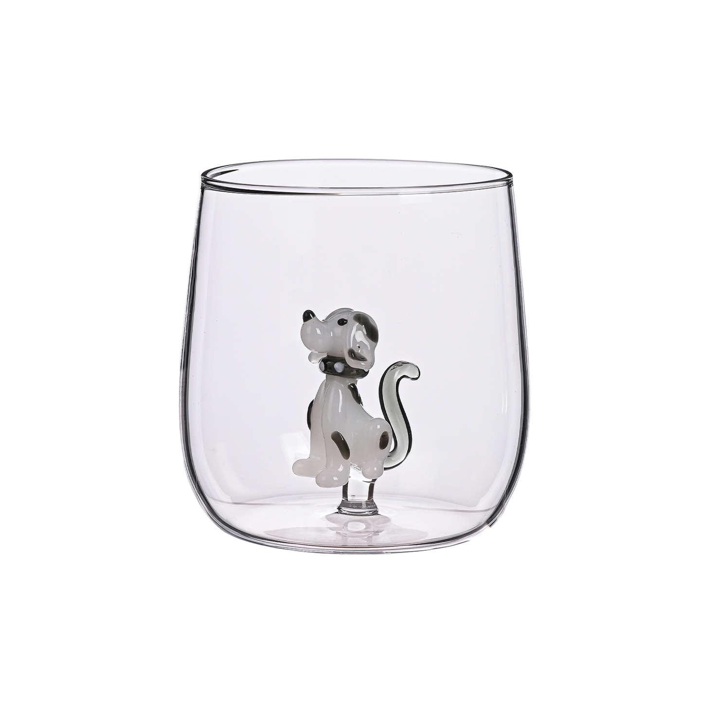 Verre transparent 3D avec figurine chien dalmatien gris et noir à l'intérieur, décoration originale maison