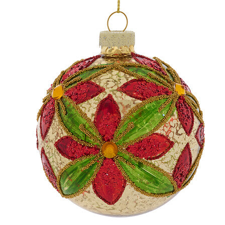 Boule de Noël en verre rouge et vert motif fleur poinsettia avec détails dorés diam 8 cm décoration sapin festive