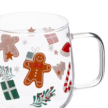 Mug en verre transparent 54 cl motifs Noël pain d'épices canne à sucre sapins décoration table fêtes