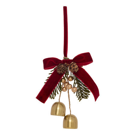 Sujet décoratif cloche en métal doré avec nœud velours rouge et branches de pin décoration sapin Noël 15 cm