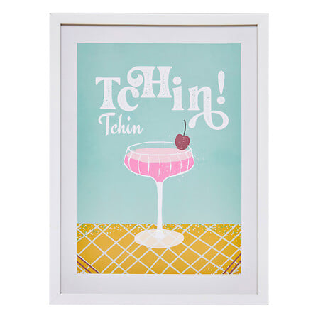 Tableau déco Tchin Tchin 30x40 illustration cocktail rose coupe champagne fond vert menthe style rétro pour décoration murale