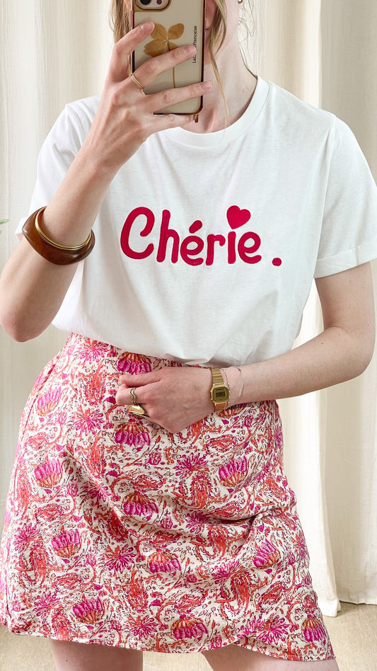 T-shirt Chérie – T-shirt blanc imprimé cœur fuchsia