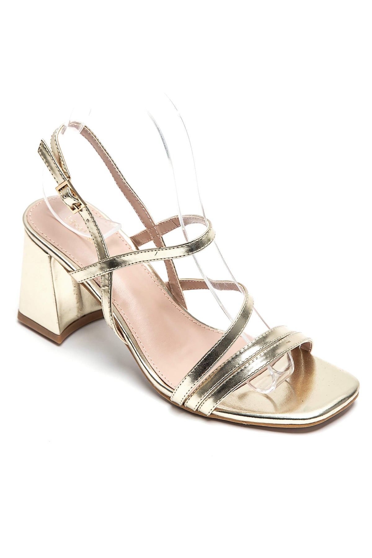 Sandales Joyce dorées à brides fines et talon bloc métallisé chaussures femme élégantes soirée