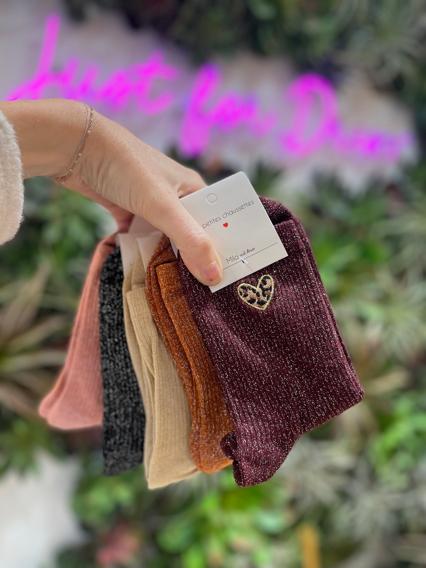 Chaussettes à paillettes – Motif cœur léopard