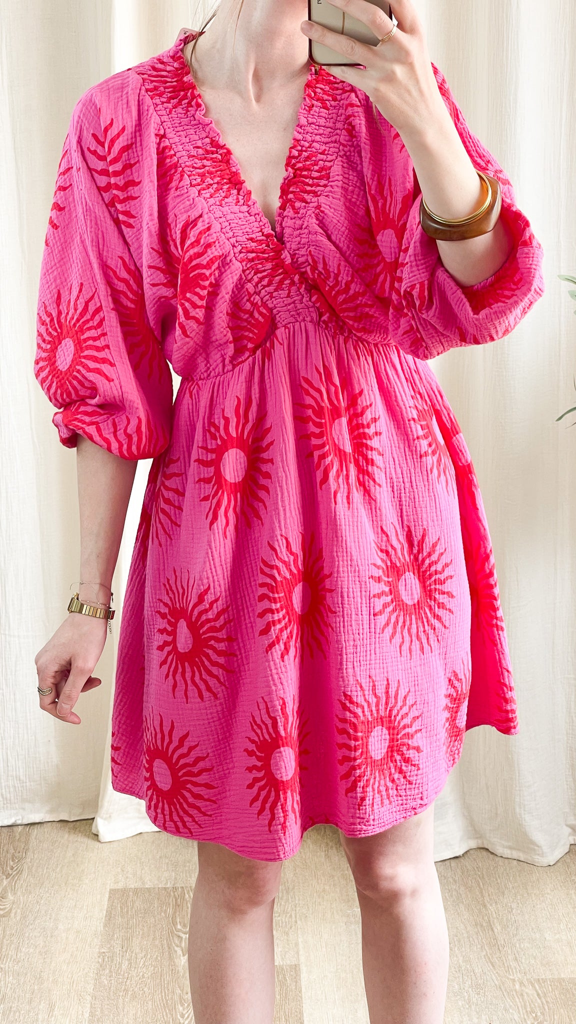Robe Sony – Robe courte en gaze de coton rose imprimé soleil
