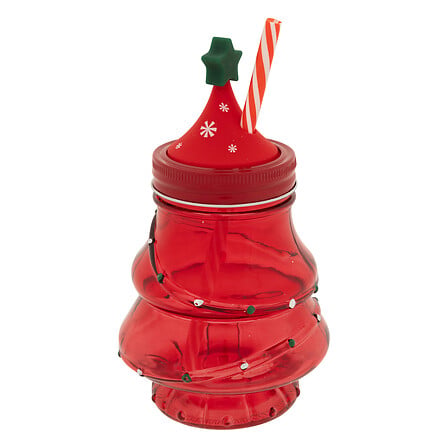 Gobelet sapin de Noël rouge transparent avec couvercle étoile verte et paille rayée décoration festive table fêtes