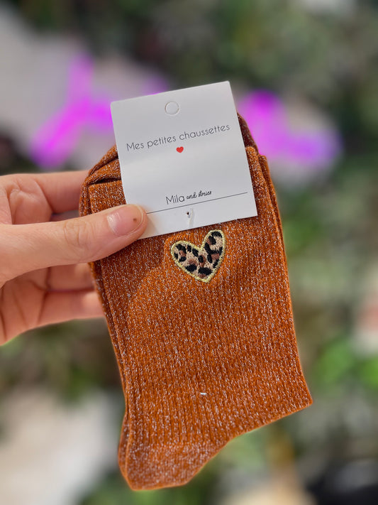 Chaussettes à paillettes – Motif cœur léopard