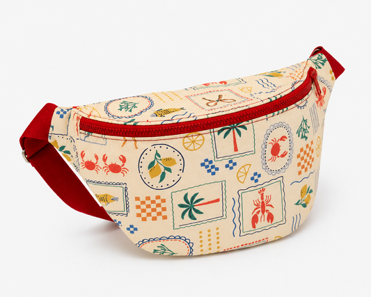 Banane isotherme beige motifs méditerranéens crabe citron palmier sangle rouge fabrication française Dolce Vita
