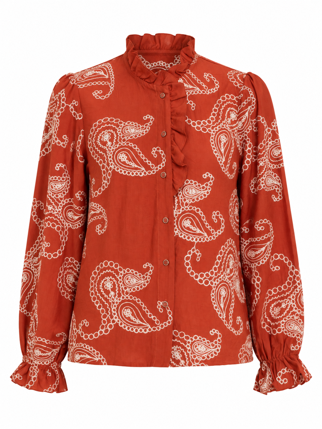Blouse terracotta broderie paisley col froufrou et manches bouffantes femme style bohème chic