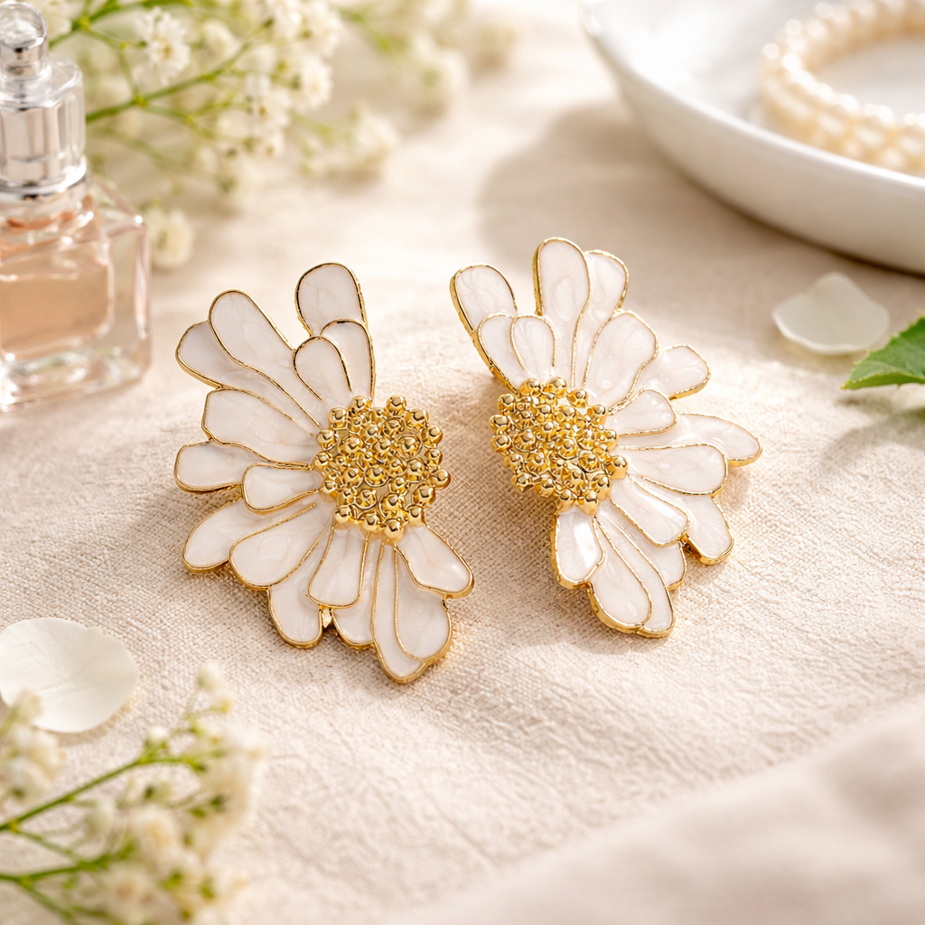 Boucles d'oreille fleur blanc nacré acier imoydable