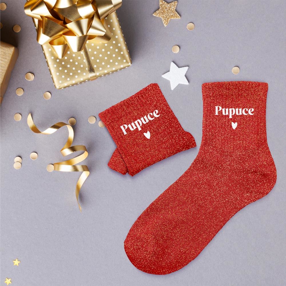 Chaussettes rouges à paillettes dorées Pupuce avec cœur blanc, idée cadeau femme original
