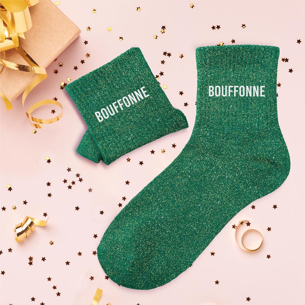 Chaussettes paillettes vertes Bouffonne femme, chaussettes fantaisie brillantes à message humour