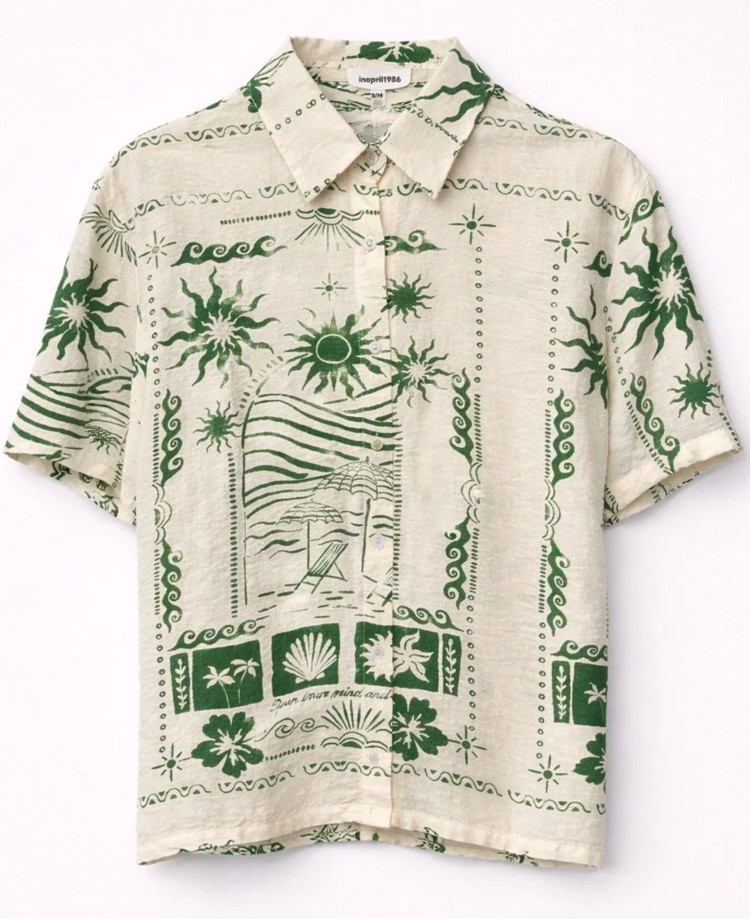 Chemisier Romane écru imprimé tropical vert motifs soleil et palmiers, manches courtes style bohème été femme