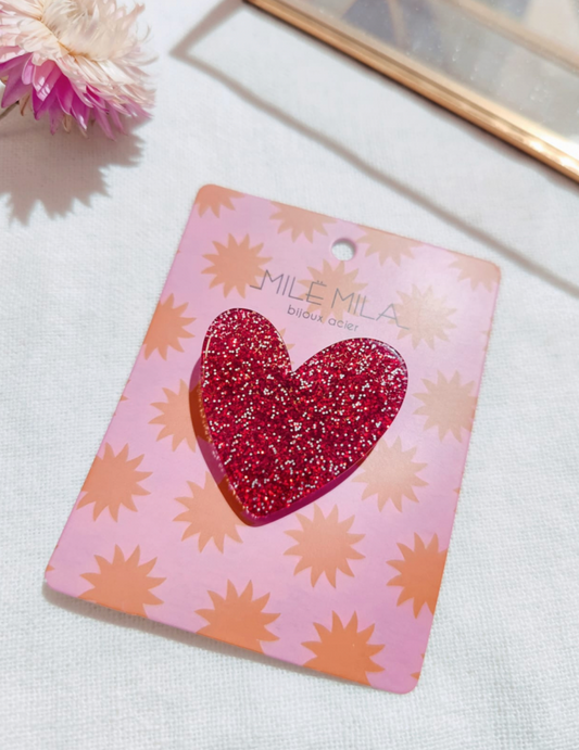 Broche coeur rouge à paillettes scintillantes Mile Mila accessoire fantaisie femme tendance