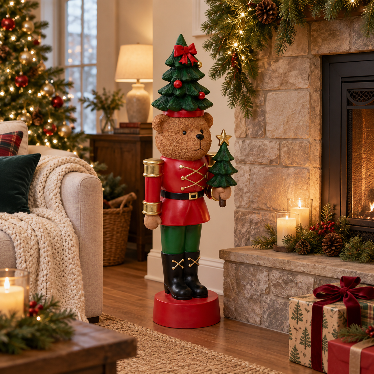 Casse-noisette ours en résine rouge et vert avec sapin de Noël, figurine décorative festive 51cm