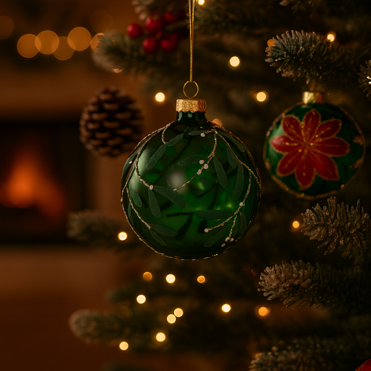 Boule de Noël en verre vert 8 cm motif feuillage doré décoration sapin festive