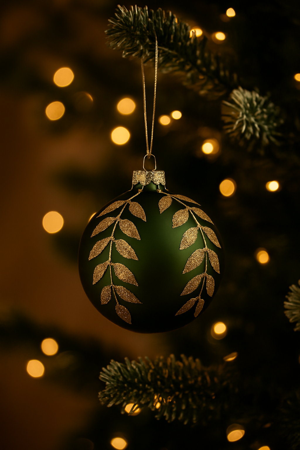 Boule de Noël en verre vert sapin motif feuilles dorées pailletées diamètre 8 cm décoration sapin élégante