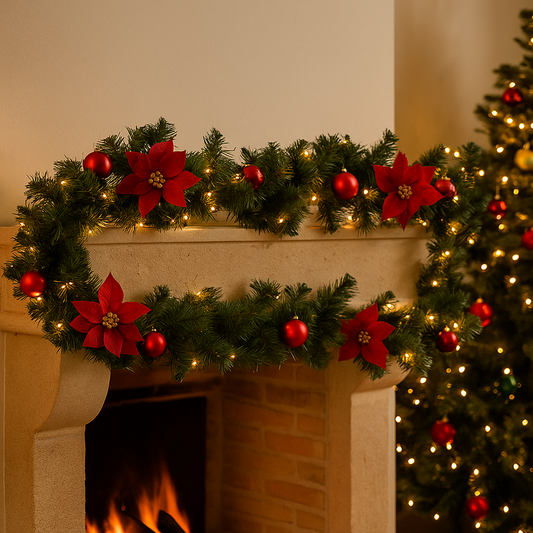 Guirlande de Noël poinsettia rouge 2m avec boules et lumières LED décoration cheminée sapin fêtes