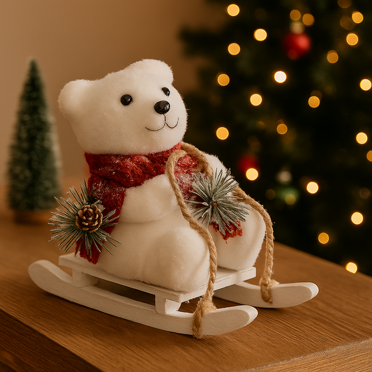 Ours polaire décoratif blanc sur luge avec écharpe rouge et branches de pin décoration de Noël traditionnelle