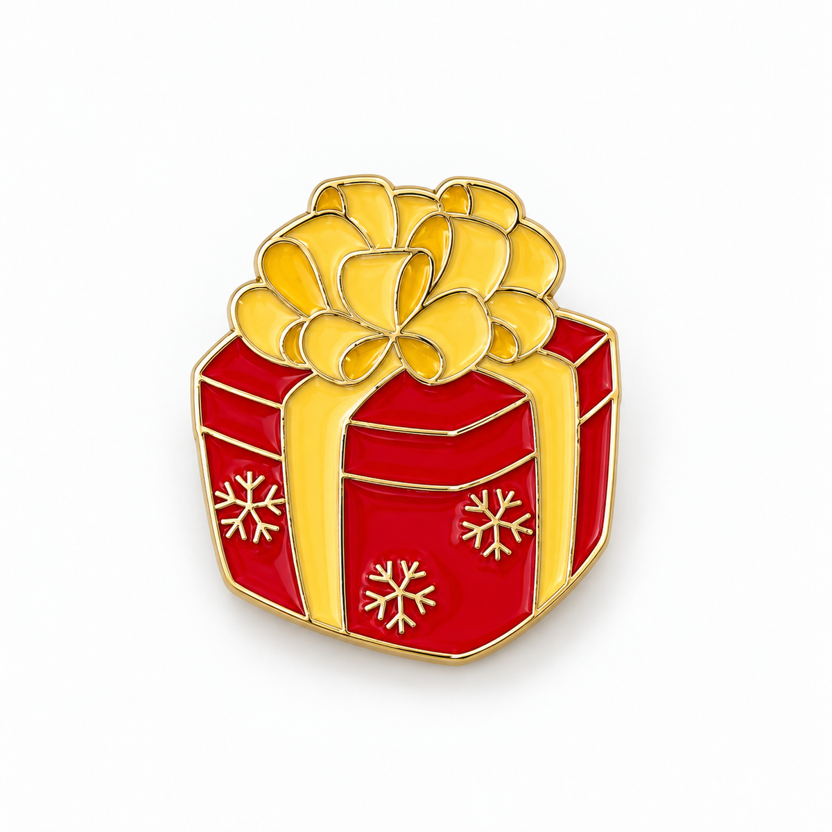 Pin's cadeau de Noël rouge et doré avec nœud et flocons, accessoire fantaisie festif pour veste ou sac femme