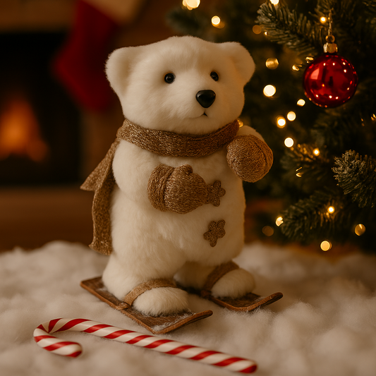 Ours polaire décoratif blanc sur skis avec écharpe dorée, figurine décoration Noël 23 cm ambiance chaleureuse
