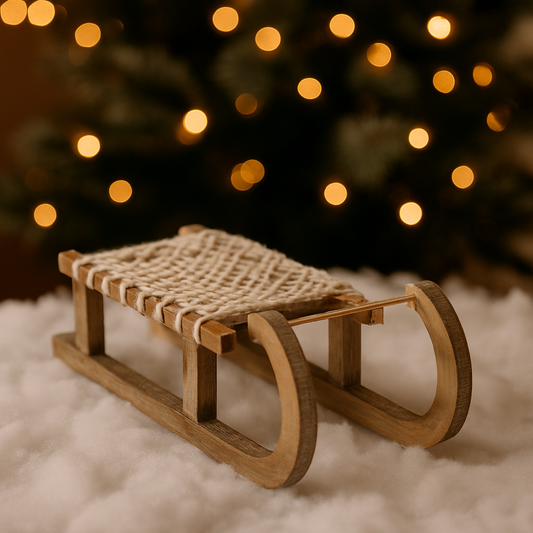 Luge décorative en bois naturel avec assise tressée écrue, décoration de Noël artisanale style scandinave