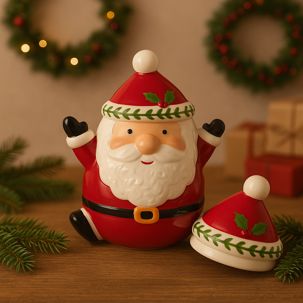 Pot à biscuit Père Noël en céramique rouge et blanc avec couvercle chapeau décoré houx, décoration Noël cuisine 23,5 cm