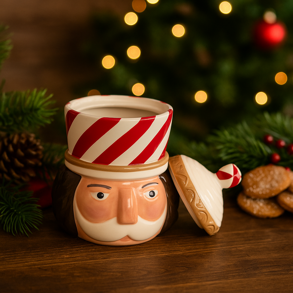 Pot à biscuit casse-noisette en céramique rayé rouge et blanc décoration Noël H24cm