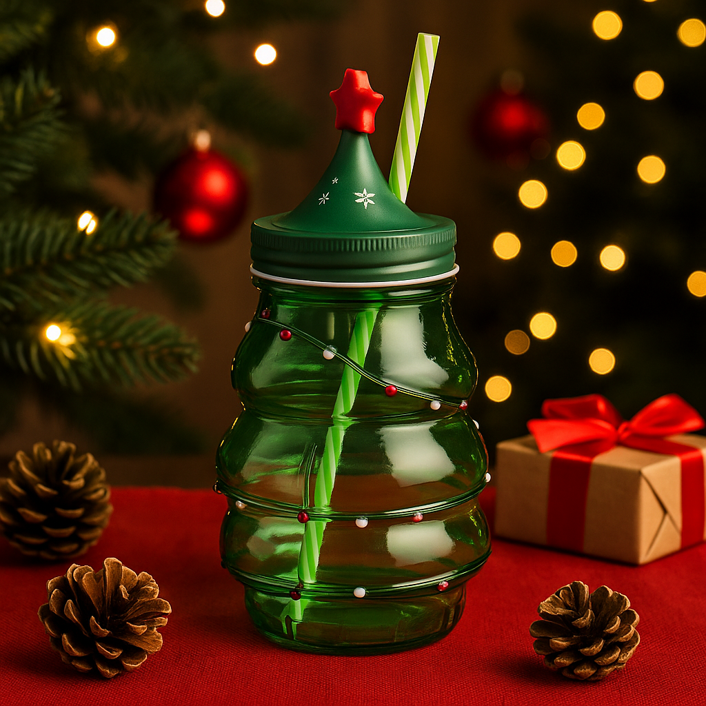 Gobelet sapin de Noël en verre vert avec couvercle étoile rouge et paille rayée, décoration festive table de fêtes