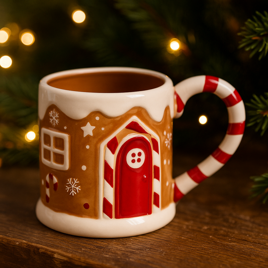Mug pain d'épices 50cl en céramique motif maison de Noël avec anse candy cane, déco de table fêtes