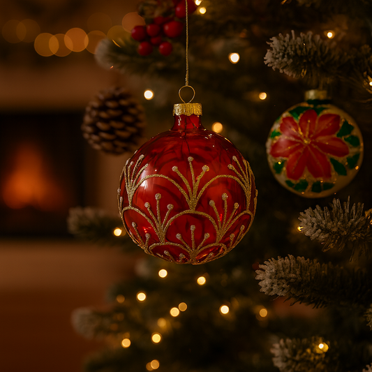 Boule de Noël en verre rouge avec motifs dorés pailletés décoration sapin festive D8cm