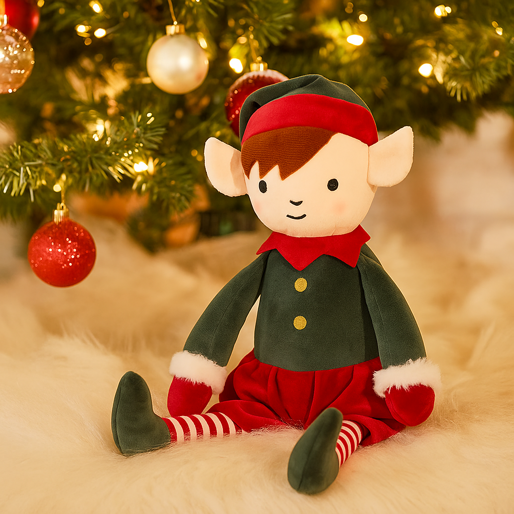 Peluche lutin de Noël 35cm vert et rouge avec bonnet pointu, décoration festive sapin enfant