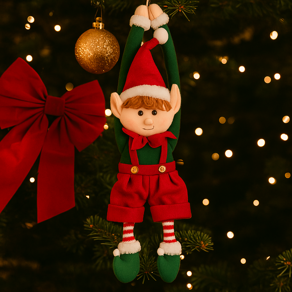 Lutin de Noël en peluche rouge et vert suspendu, décoration sapin festive avec bonnet et chaussures d'elfe