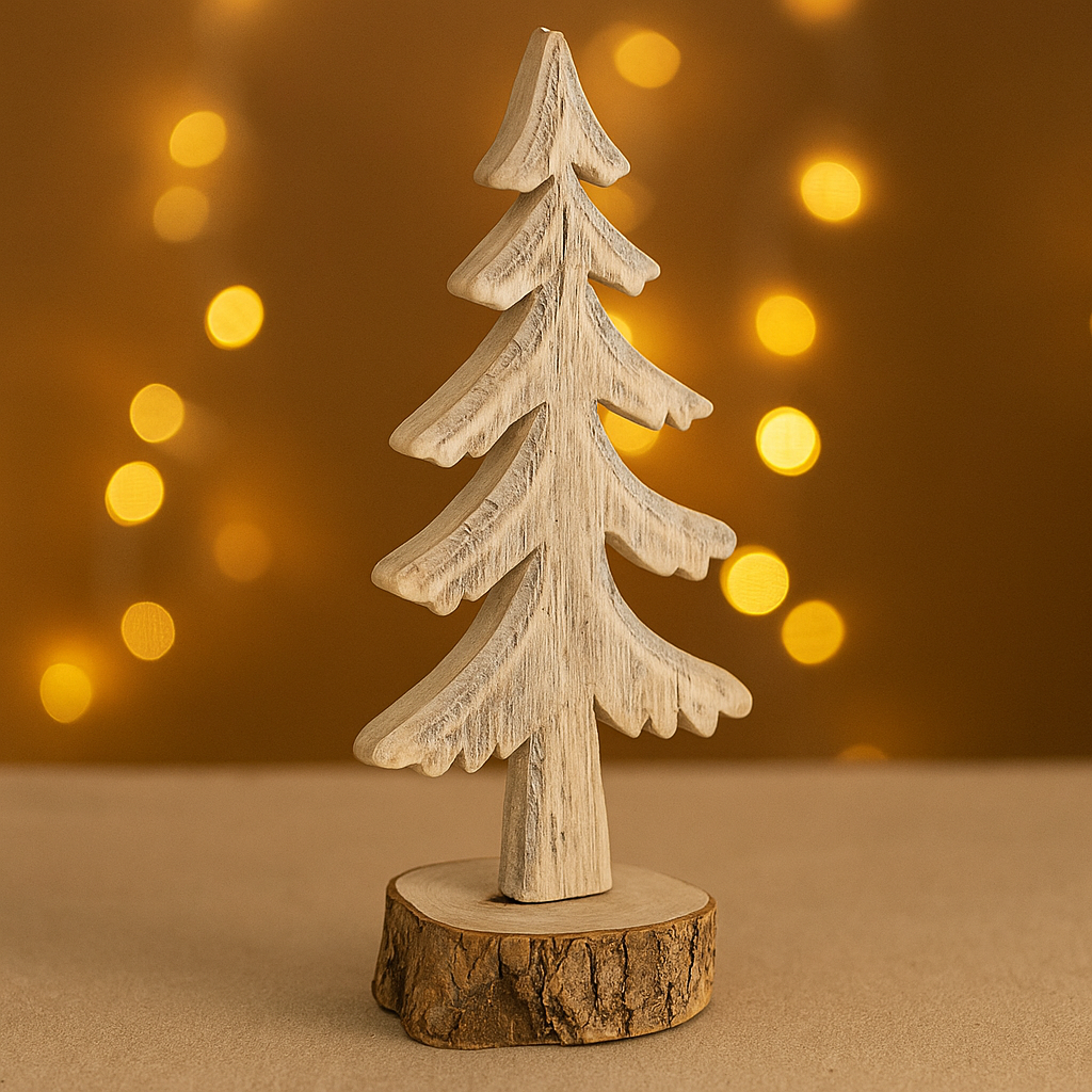 Sapin décoratif en bois naturel blanchi sur rondin de bûche H26 cm décoration de Noël artisanale scandinave