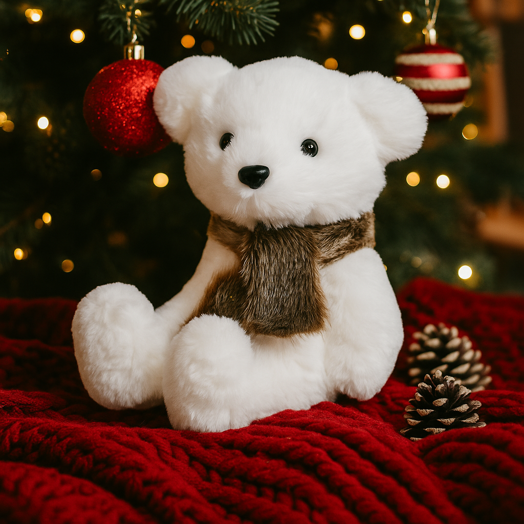 Ourson en peluche blanc décoratif avec écharpe fourrure marron, décoration Noël scandinave à poser
