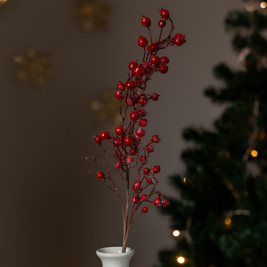 Branche décorative baies rouges givrées 73 cm décoration Noël naturelle pour vase intérieur fêtes