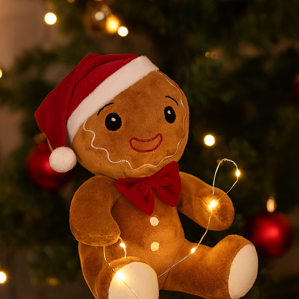 Peluche pain d'épices marron avec bonnet de Noël rouge et nœud papillon décoration festive 25 cm