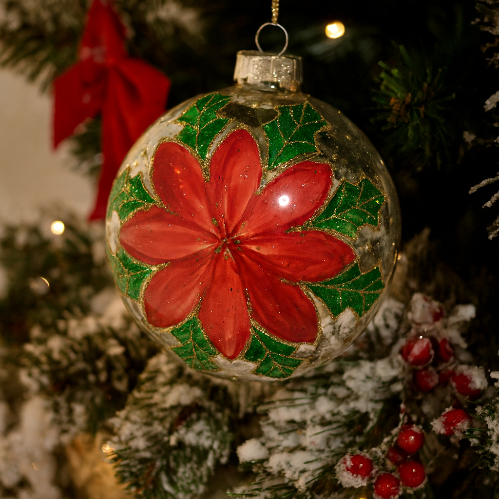 Boule de Noël en verre peinte poinsettia rouge et feuilles de houx vertes pailletées décoration sapin traditionnelle