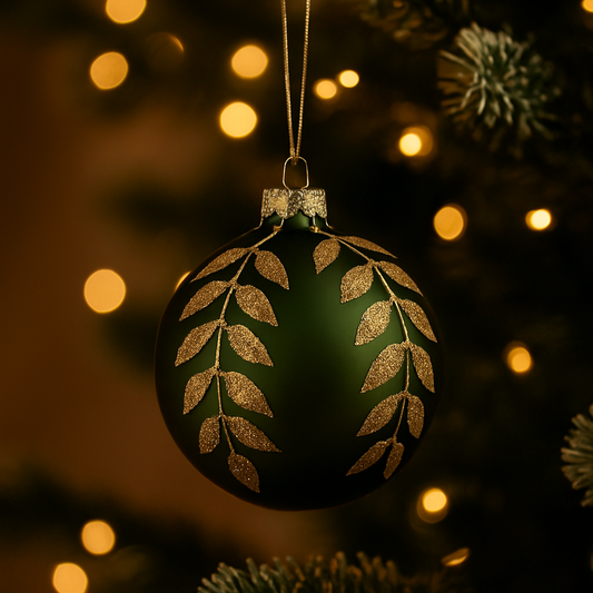 Boule de Noël en verre vert sapin motif feuillage doré pailleté diamètre 8 cm décoration sapin élégante