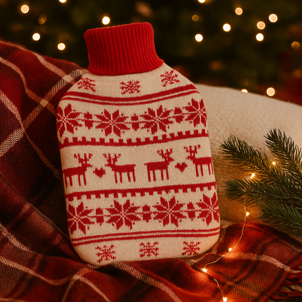 Bouillotte tricot de Noël rouge et blanc motif renne flocons nordique 1,7L accessoire déco cocooning hiver