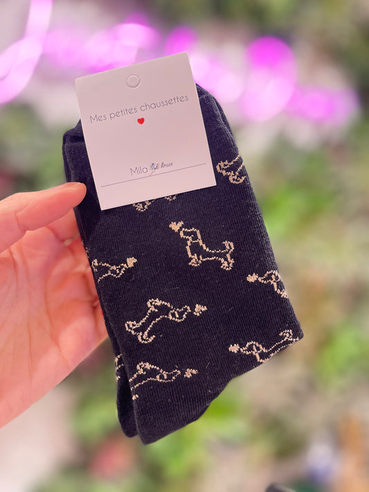 Chaussettes Teckel – Motif chien & fil lurex pailleté