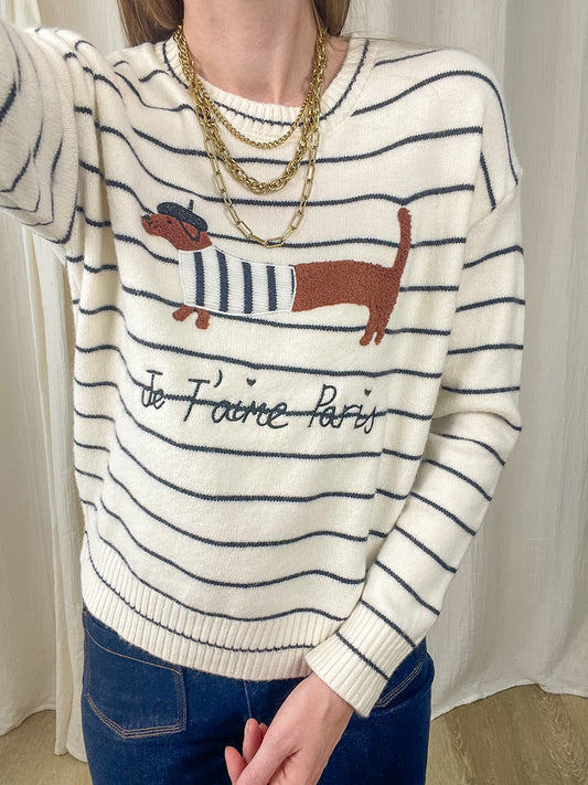 Pull marinière écru rayé bleu marine femme avec motif teckel et inscription Je t'aime Paris, style parisien chic