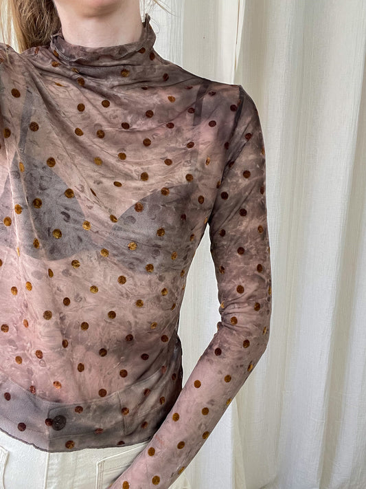 Top mesh marron tie-dye imprimé pois col montant manches longues femme, haut transparent tendance vintage