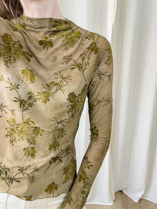Top mesh beige imprimé floral vert olive manches longues col montant femme style bohème chic
