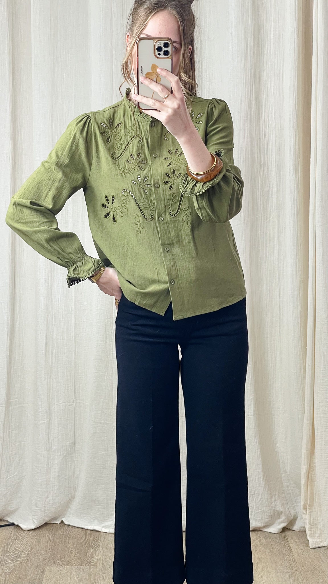 Chemise Lusa – Chemise brodée ajourée kaki