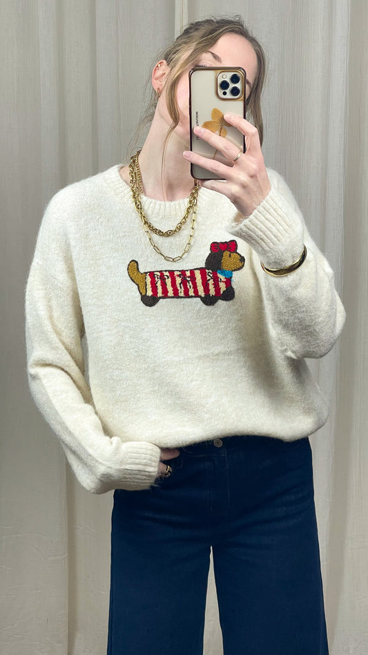 Pull Teckel – Pull écru doux motif chien