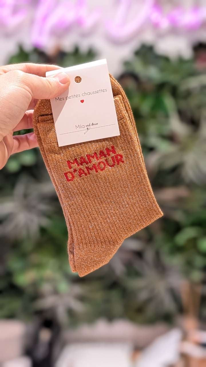 Chaussettes à paillettes – Écriture "MAMAN D'AMOUR"