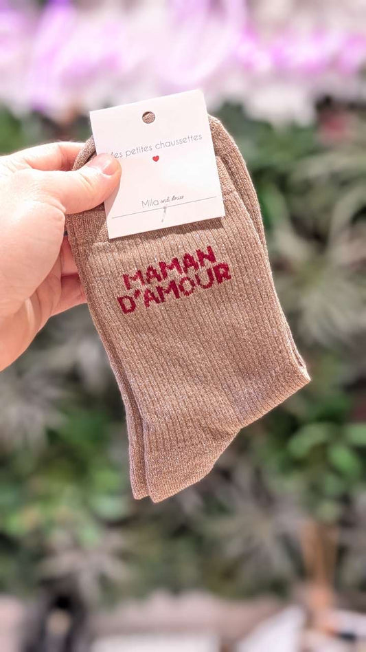 Chaussettes à paillettes – Écriture "MAMAN D'AMOUR"