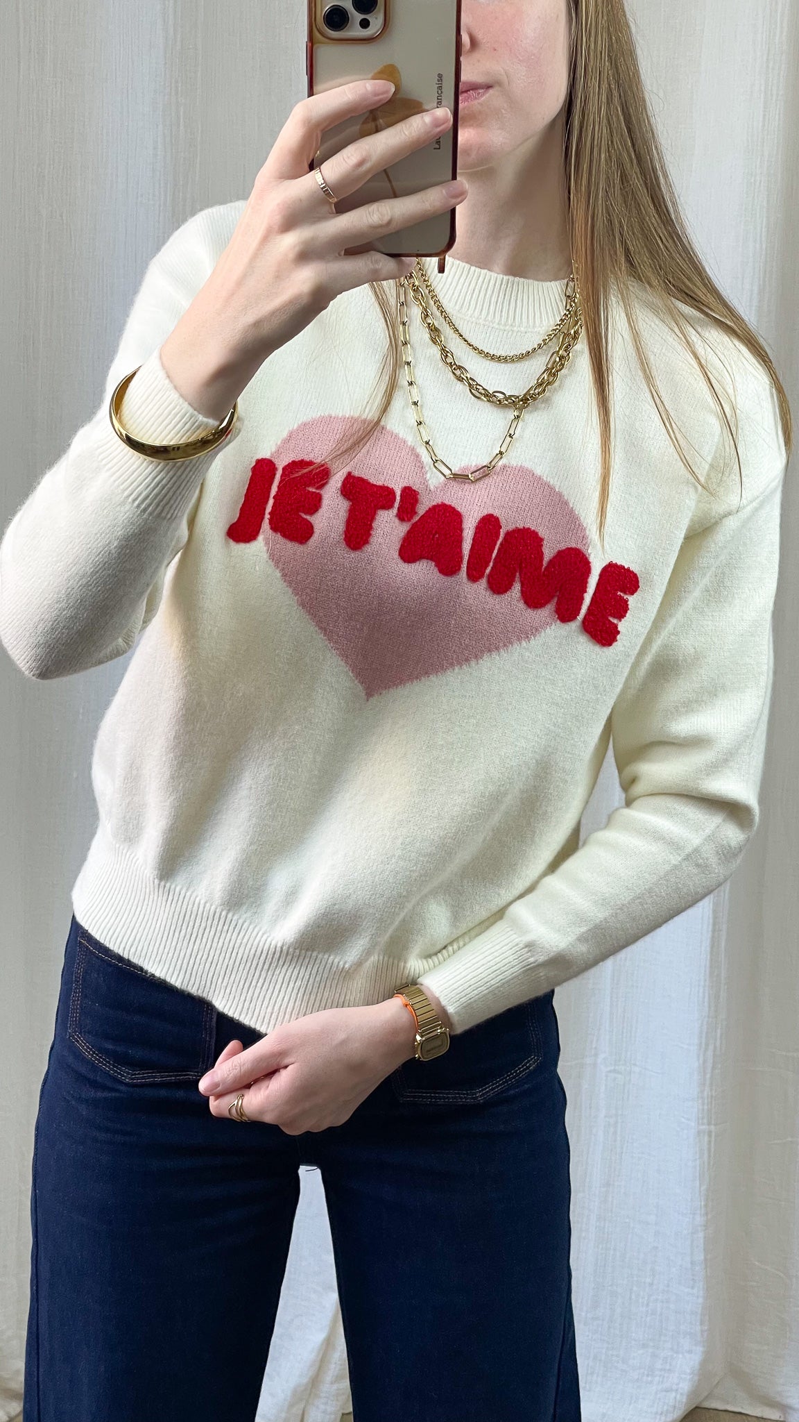 Pull cœur avec écriture « Je t’aime »