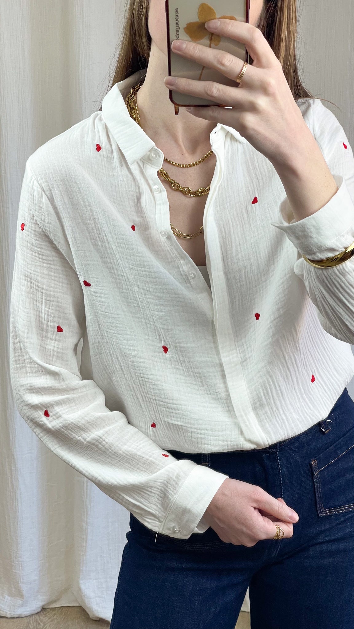 Chemise Garance - Chemise en gaze de coton avec coeurs rouges brodés